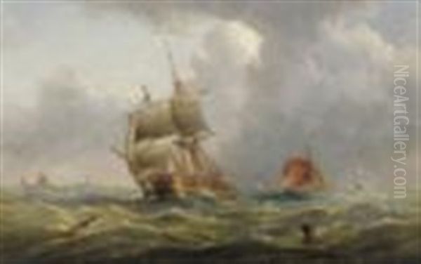 Fishing Boats And Other Vessels Of A Coastline Oil Painting by Henry Redmore