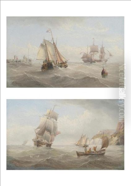 Fishing Boats And Other Shipping Off A Coastline; Fishing Boats And Other Shipping Off A Wooden Jetty (pair) Oil Painting by Henry Redmore