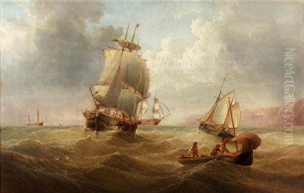 Merchantmen And Smaller Craft Offshore In A Heavy Swell Oil Painting by Henry Redmore