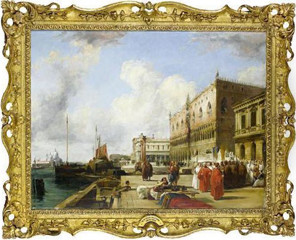 The Doge's Palace And The Riva Degli Schiavoni, Venice Oil Painting by Richard Parkes Bonington