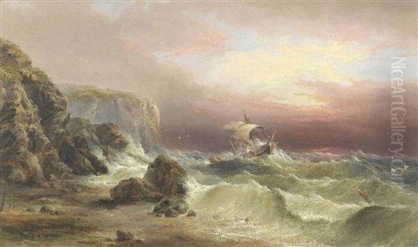 Dismasted Brig In Rough Seas Off A Rocky Coastline Oil Painting by Henry Redmore