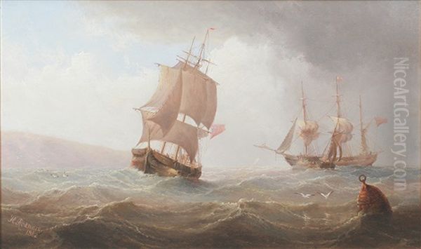 Fishing Boats And Other Shipping Off A Coastline Oil Painting by Henry Redmore