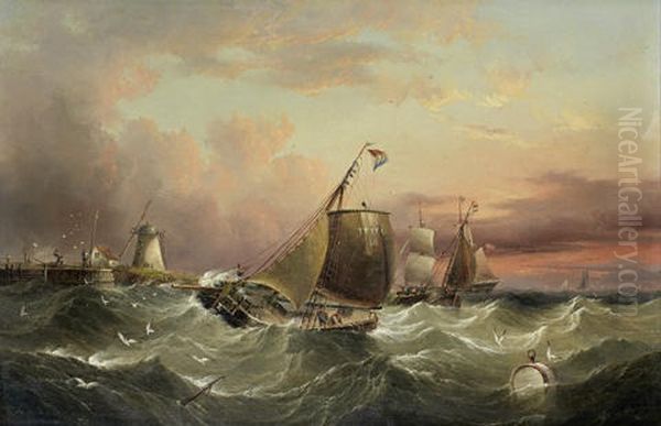 The Texel Pilot (no.10) And Other Vessels Off The Mouth Of A Small Harbor Oil Painting by Henry Redmore