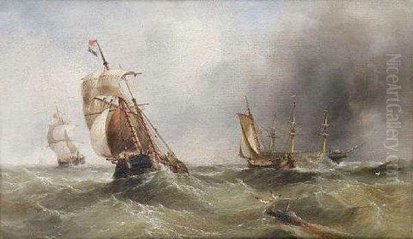 A Dutch Hoy And Other Vessels In A Heavy Swell With An Anchored Three-masted Merchantman Beyond Oil Painting by Henry Redmore