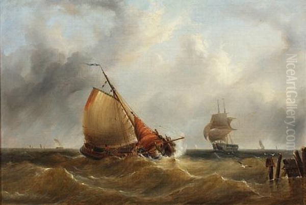 Fishing Boat In Choppy Seas, Other Vessels Beyond Oil Painting by Henry Redmore