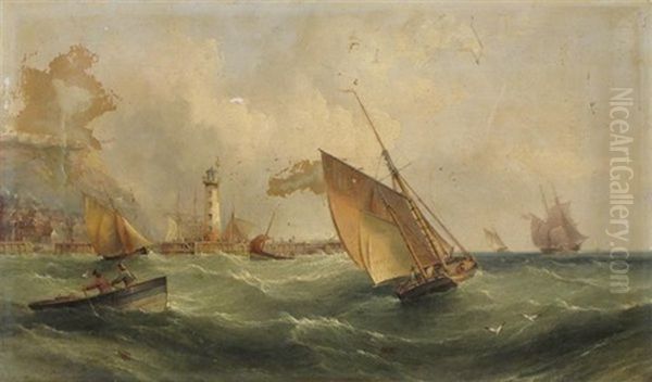 Leaving The Harbor In Choppy Seas, A Lighthouse Beyond Oil Painting by Henry Redmore