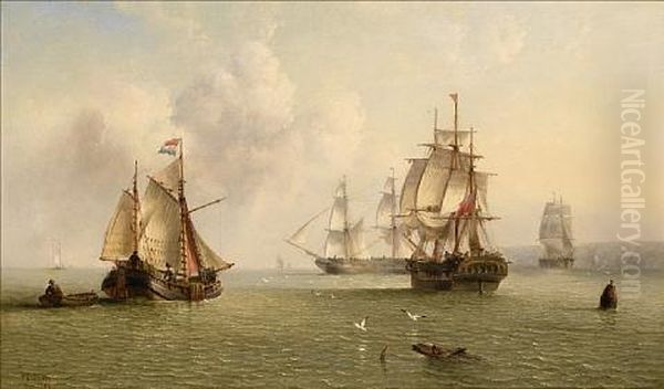 Merchantmen Going About Their Trade Off The Northeast Coast Of England, With A Dutch Hoy Further Out To Sea Oil Painting by Henry Redmore