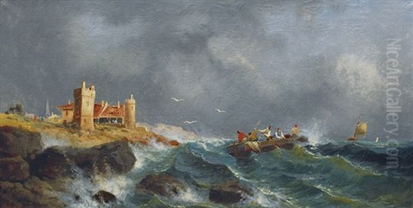 Fishing Boat At The Stormy Coast Of Yorkshire Oil Painting by Henry Redmore