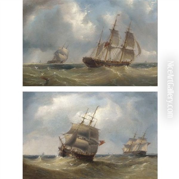 Frigates Off The Coast (+another; Pair) Oil Painting by Henry Redmore