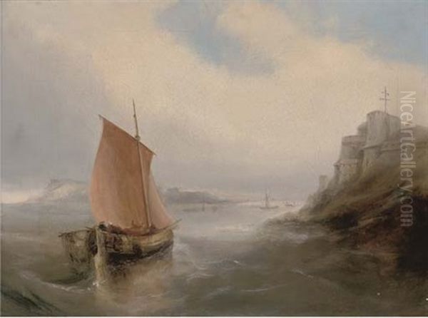 Fishing Boats On A Misty Day Off A Rocky Coastline Oil Painting by Henry Redmore