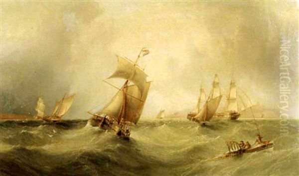 Fishing Boats Off The Coast Oil Painting by Henry Redmore