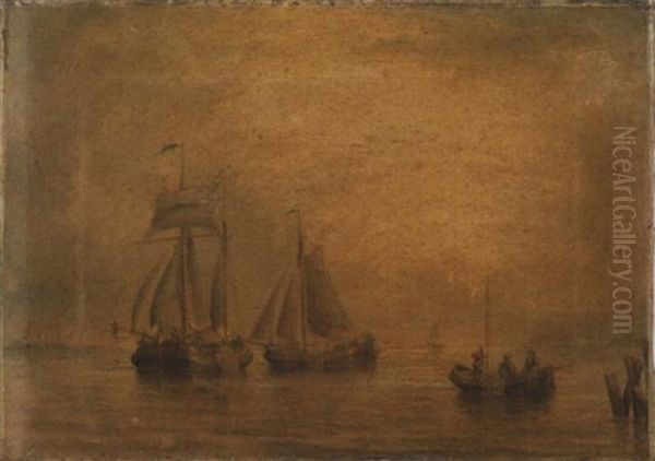 Dutch Barges Lying Offshore Oil Painting by Henry Redmore