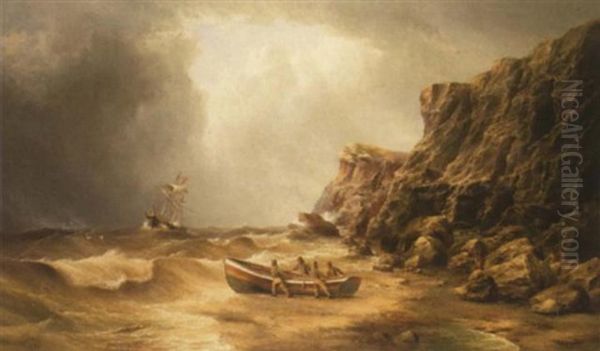 Fishermen Launching A Yorkshire Cobble Oil Painting by Henry Redmore