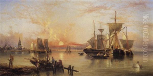 Ships At Dusk Oil Painting by Henry Redmore