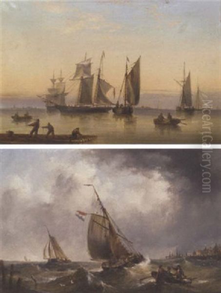 A Schooner And Fishing Vessels In A Calm Oil Painting by Henry Redmore