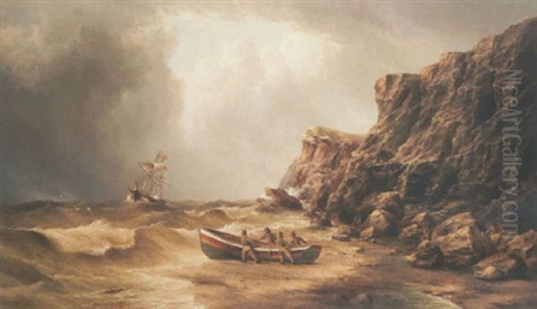 To The Rescue: Fishermen Launching A Yorkshire Cobble To Aid A Ship In Distress Oil Painting by Henry Redmore