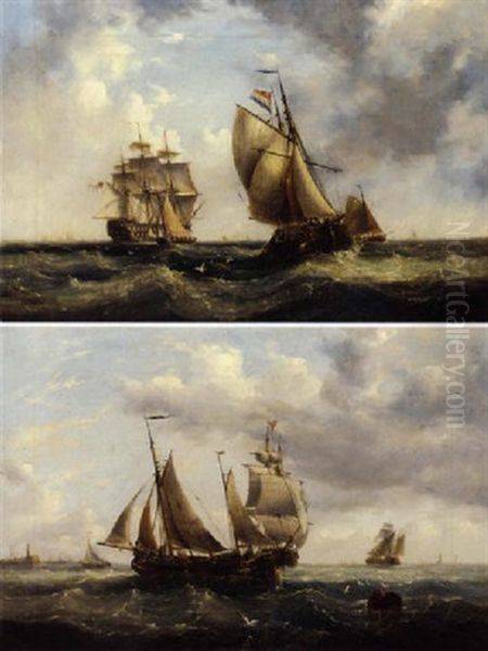 A Royal Naval Two-decker, Cutter And Fishing Barges In Crowded Waters Oil Painting by Henry Redmore