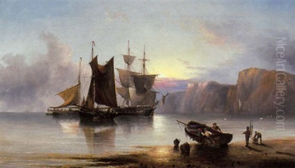 An Anchored Merchantman And Traders Off The North East Coast At Dusk Oil Painting by Henry Redmore