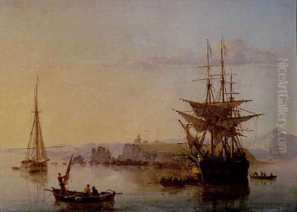 Shipping Becalmed Off A Rocky Coast Oil Painting by Henry Redmore