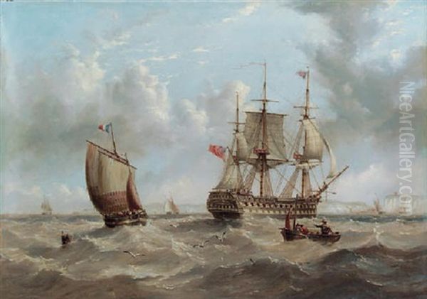 An Indiaman Hove To Off Dover For A Pilot Oil Painting by Henry Redmore