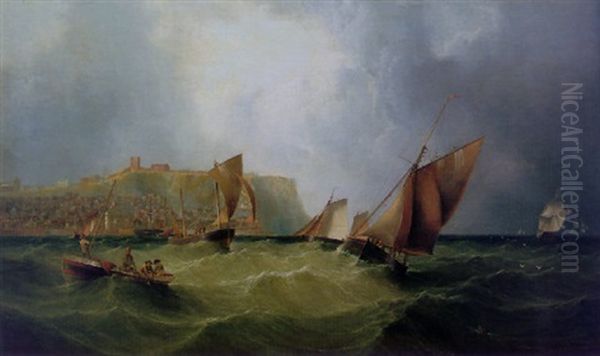 On A Swell At The Mouth Of Scarborough Harbour Oil Painting by Henry Redmore