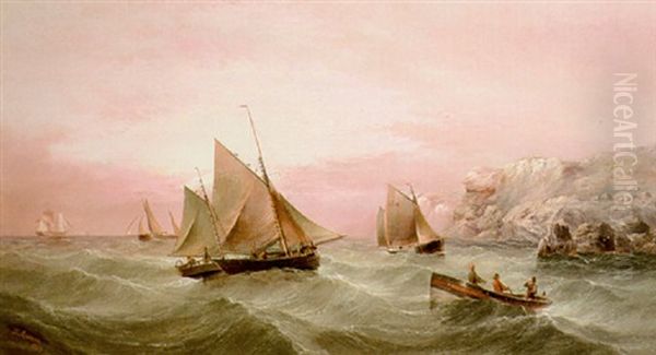 Scarborough And Lowestoft Trawlers Off The East Coast Oil Painting by Henry Redmore