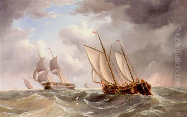 A Lugger And A Man-o-war In A Swell Oil Painting by Henry Redmore