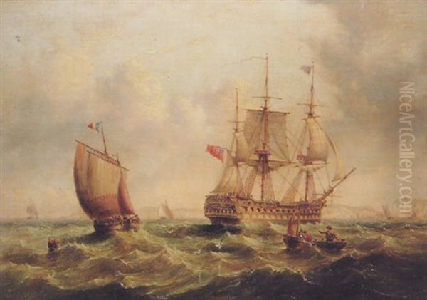 A Large Two-decker Making Port Oil Painting by Henry Redmore