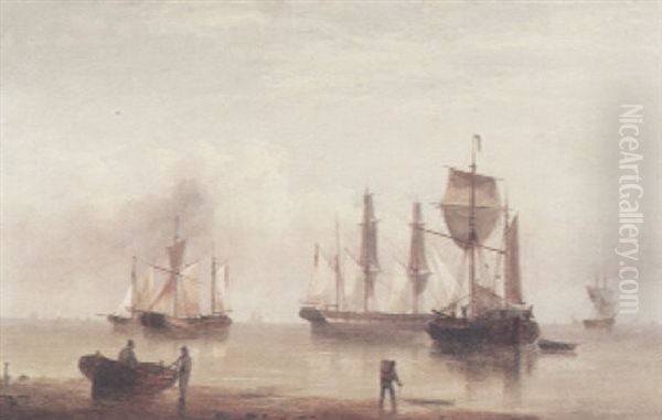 A Coastal View With Shipping Offshore And Figures And A Dinghy On The Shore In The Foreground Oil Painting by Henry Redmore