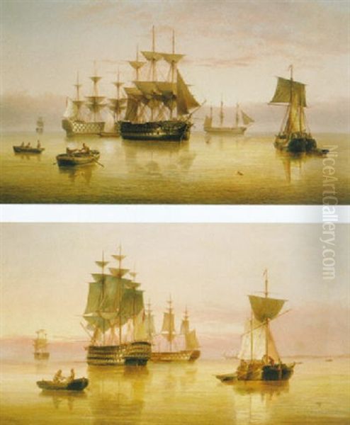 Men-of-war (+ Othert Shipping Anchored In A Calm; Pair) Oil Painting by Henry Redmore