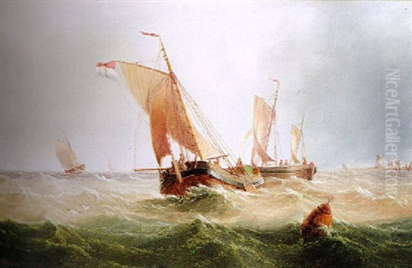 Dutch Fishing Boats Off A Coastline Oil Painting by Henry Redmore