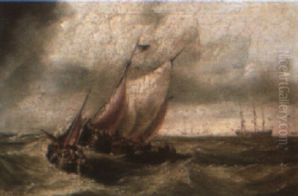 Fishing Boats In A Choppy Sea Oil Painting by Henry Redmore