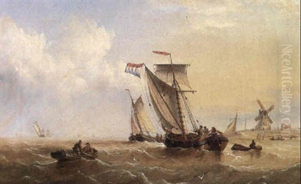 Dutch Barges Off A Lowland Coast Oil Painting by Henry Redmore