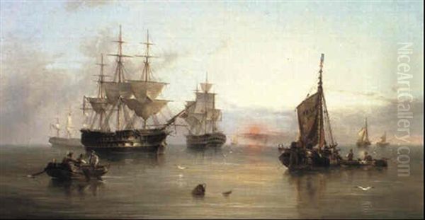 Men Of War And Other Shipping In A Calm Sea At Sunset Off   The Texel Oil Painting by Henry Redmore