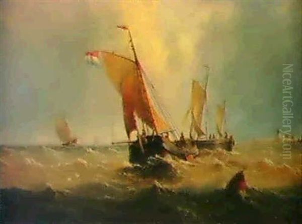 Dutch Fishing Boast Off The Coast Oil Painting by Henry Redmore