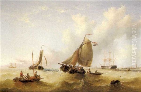 Fishing Vessels Off The Dutch Coast Oil Painting by Henry Redmore