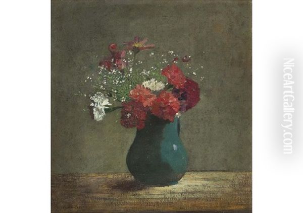 Oeilet Et Gypsophile Dans Un Pichet Vert Oil Painting by Odilon Redon