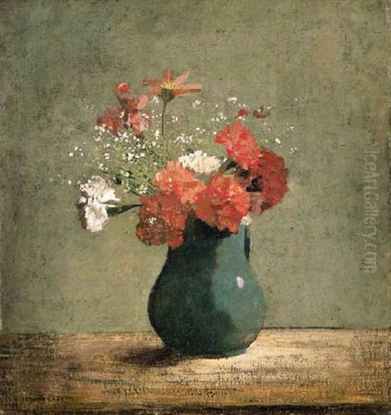 Oeillets Et Gypsophile Dans Un Pichet Vert Oil Painting by Odilon Redon