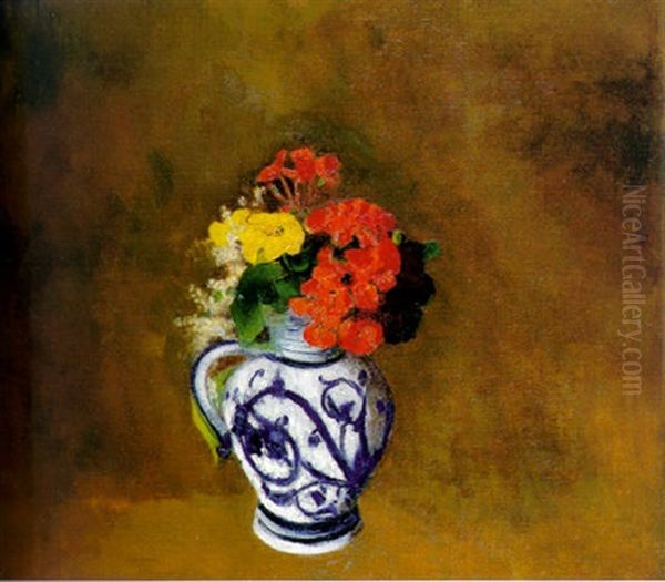 Fleurs Dans Un Case A Motifs Bleus Oil Painting by Odilon Redon