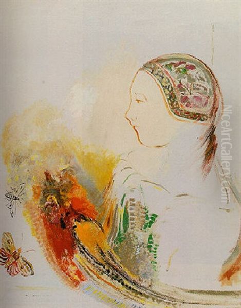 Profil D'enfant (profil De Femme Avec Oiseau De Paradis) Oil Painting by Odilon Redon