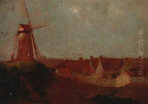 Windmill And Village Oil Painting by Odilon Redon