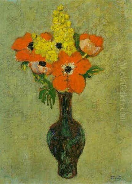 Vase De Coquelicots Et Mimosas Oil Painting by Odilon Redon