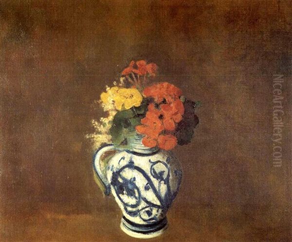 Geraniums Et Fleurs Dans Un Vase Gres Oil Painting by Odilon Redon