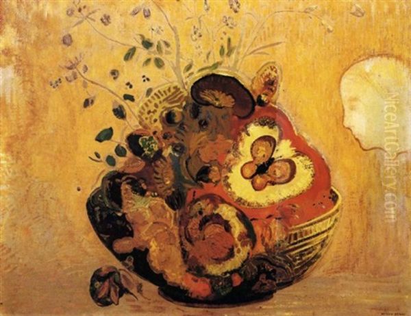 Fantaisie - Vase De Fleurs Et Profil Oil Painting by Odilon Redon