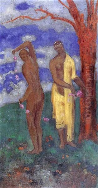 Deux Femmes Pres D'un Arbre Rouge Oil Painting by Odilon Redon