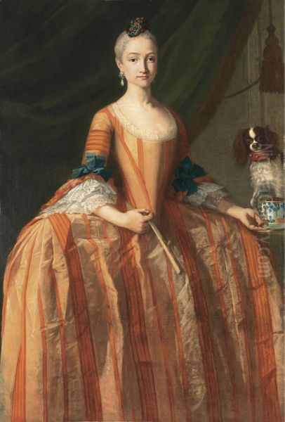 Portrait Of The Infanta Maria Josefa De Borbon (1744-1801), Full Length, Holding A Cup Of Chocolate, A Dog On The Table Beside Her Oil Painting by Giuseppe Bonito