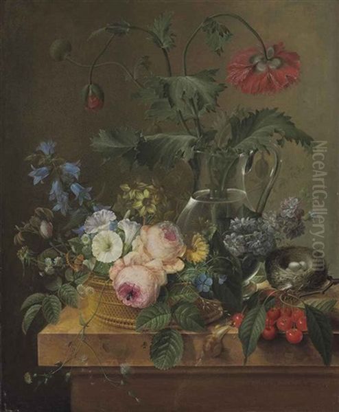 Red Anemones In A Glass Jar, Pink Roses, Narcissi, Convolvulus And Daisies In A Woven Basket, With Cherries, A Bird's Nest... Oil Painting by Pierre Joseph Redoute