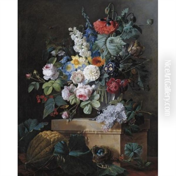 An Elaborate Still Life Of Flowers In A Glass Vase Resting On An Alabaster Pedestal With A Bird Nest And A Melon Below Oil Painting by Pierre Joseph Redoute