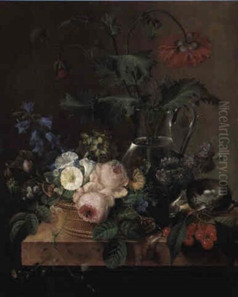 Red Anenomes In A Glass Jar With Other Flowers In A Basket On A Ledge Oil Painting by Pierre Joseph Redoute