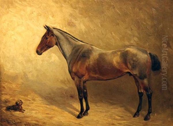 Portrait Of A Horse And Terrier In A Stable Oil Painting by William Josiah Redworth